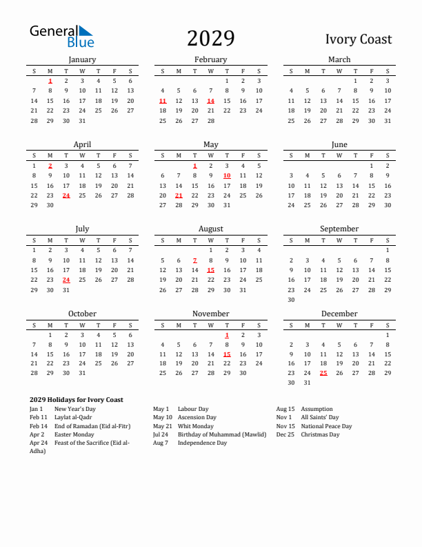 Ivory Coast Holidays Calendar for 2029