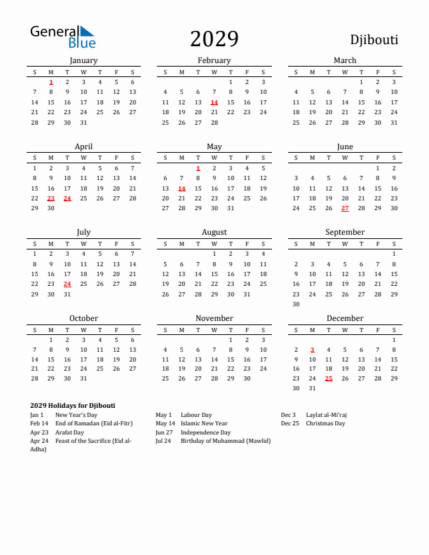 Djibouti Holidays Calendar for 2029
