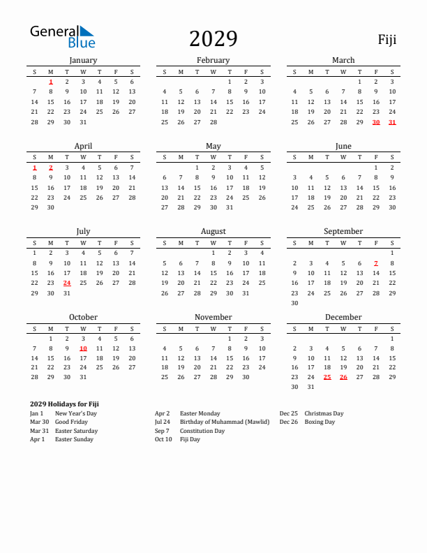 Fiji Holidays Calendar for 2029