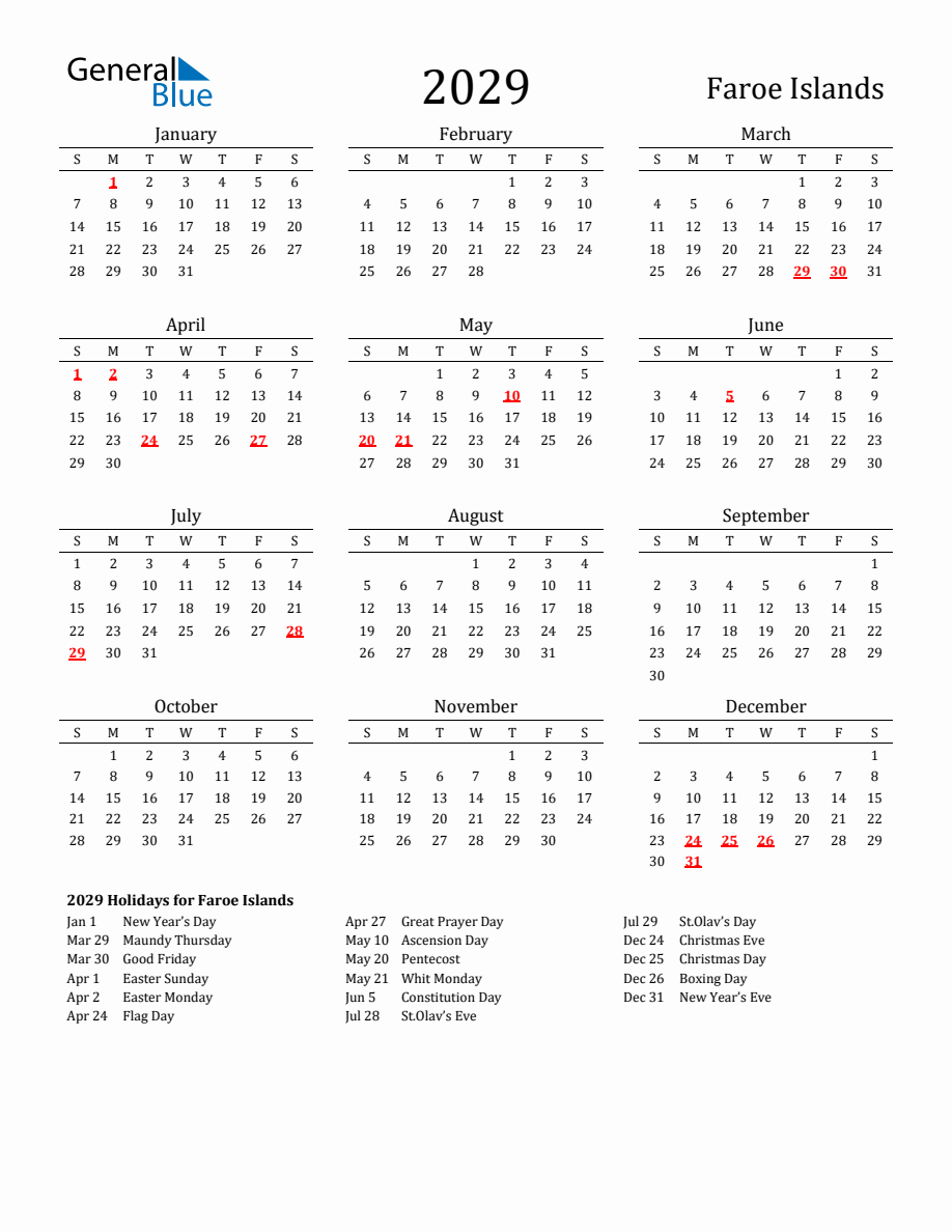 Free Faroe Islands Holidays Calendar for Year 2029