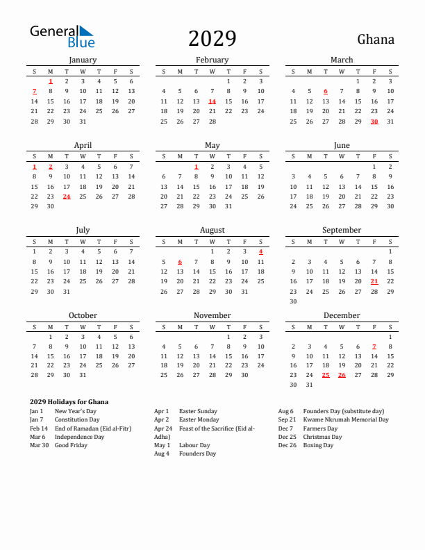 Ghana Holidays Calendar for 2029