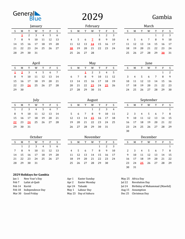 Gambia Holidays Calendar for 2029