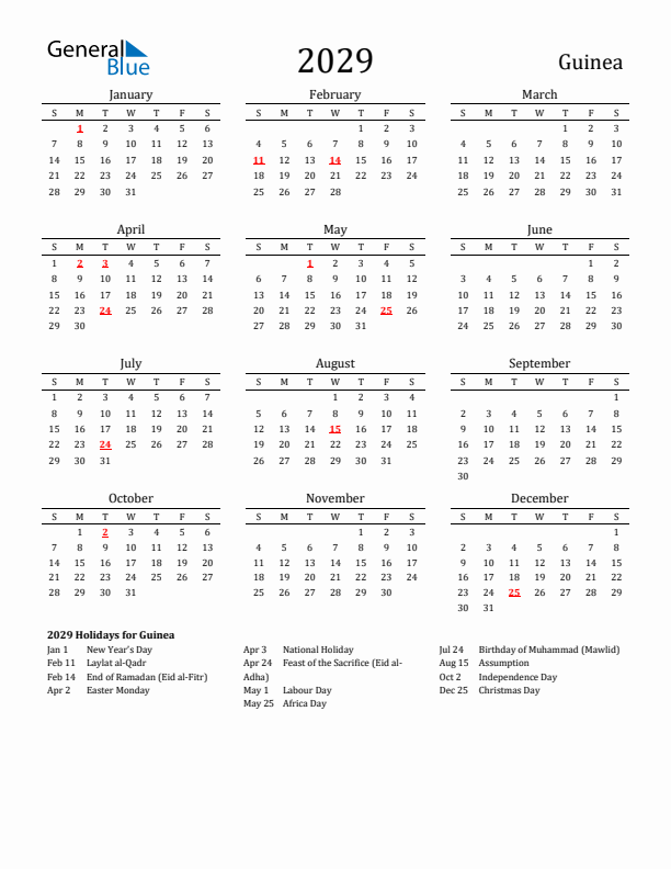 Guinea Holidays Calendar for 2029