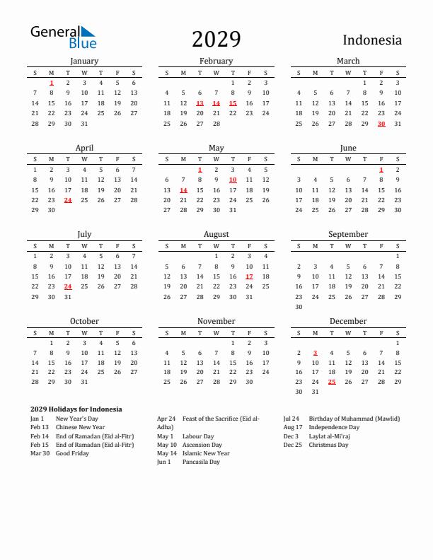 Indonesia Holidays Calendar for 2029