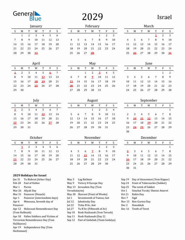 Israel Holidays Calendar for 2029