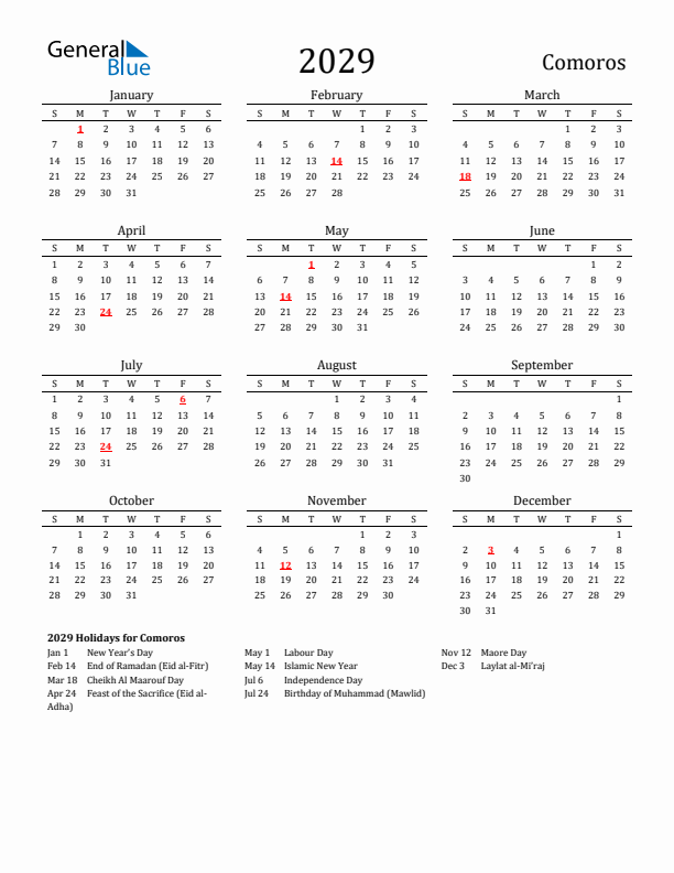 Comoros Holidays Calendar for 2029