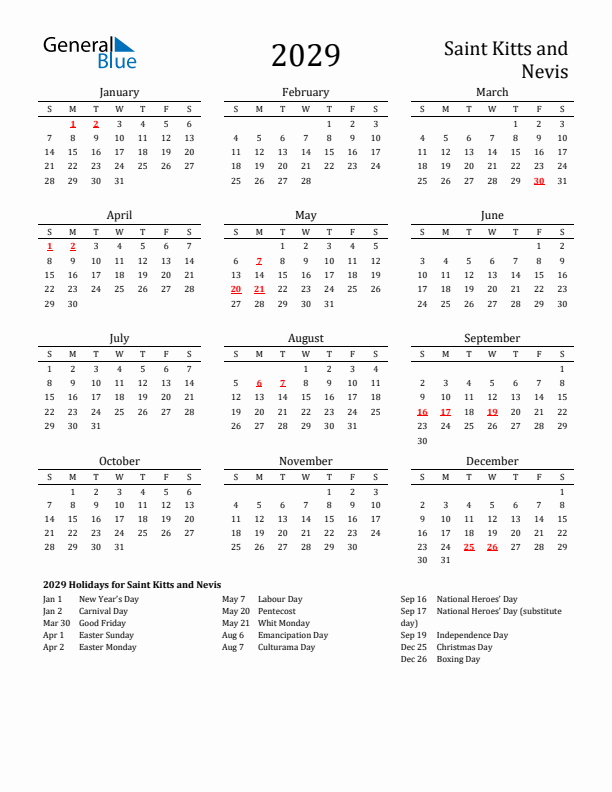 Saint Kitts and Nevis Holidays Calendar for 2029