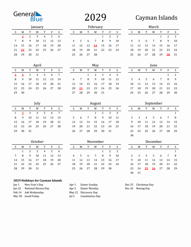 Cayman Islands Holidays Calendar for 2029