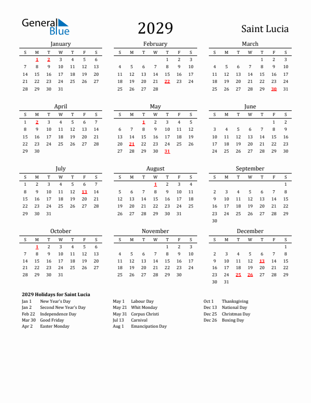 Saint Lucia Holidays Calendar for 2029