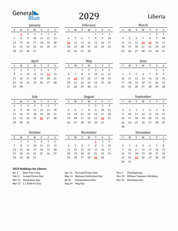 Liberia Holidays Calendar for 2029