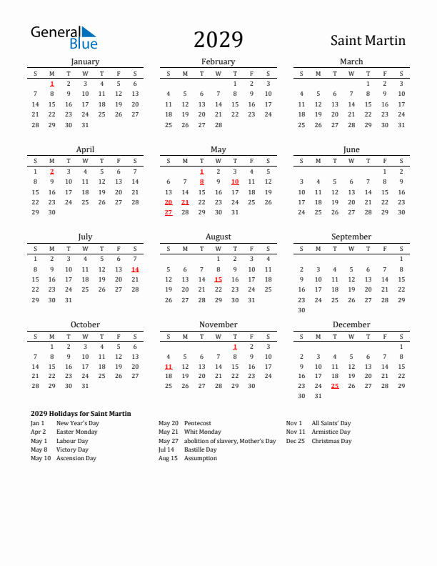 Saint Martin Holidays Calendar for 2029
