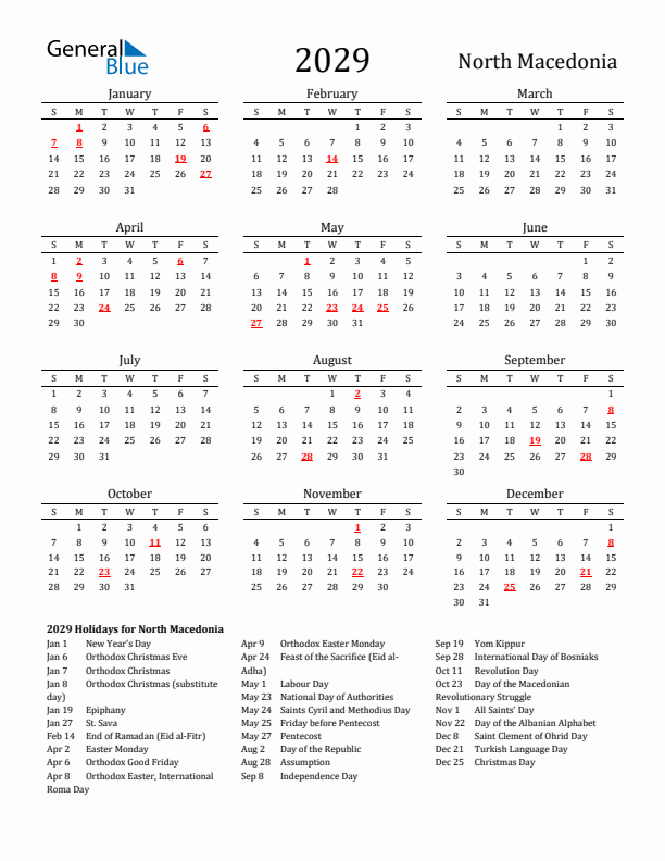 North Macedonia Holidays Calendar for 2029