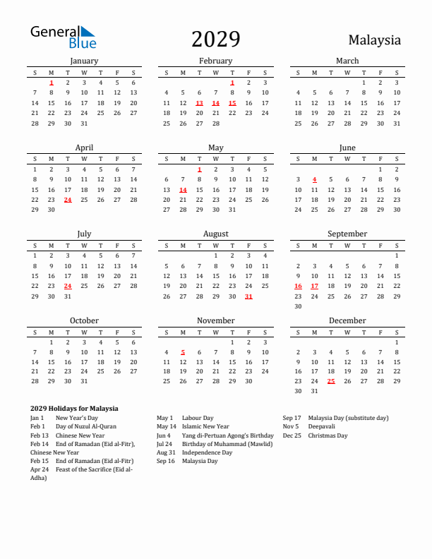 Malaysia Holidays Calendar for 2029