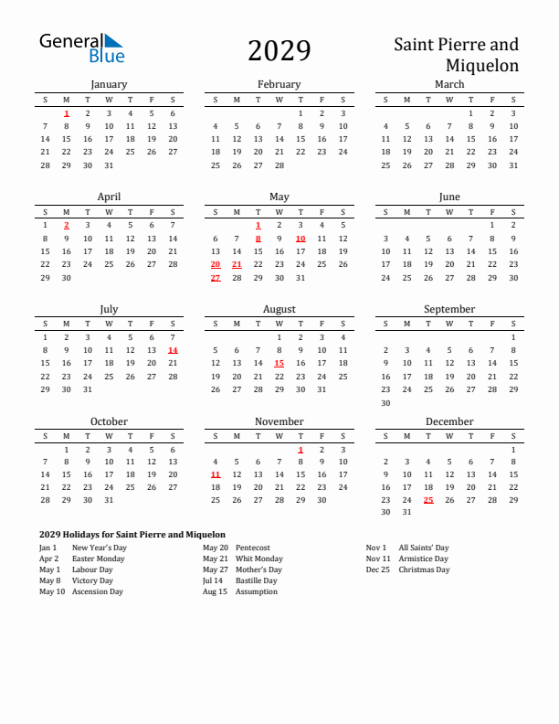 Saint Pierre and Miquelon Holidays Calendar for 2029