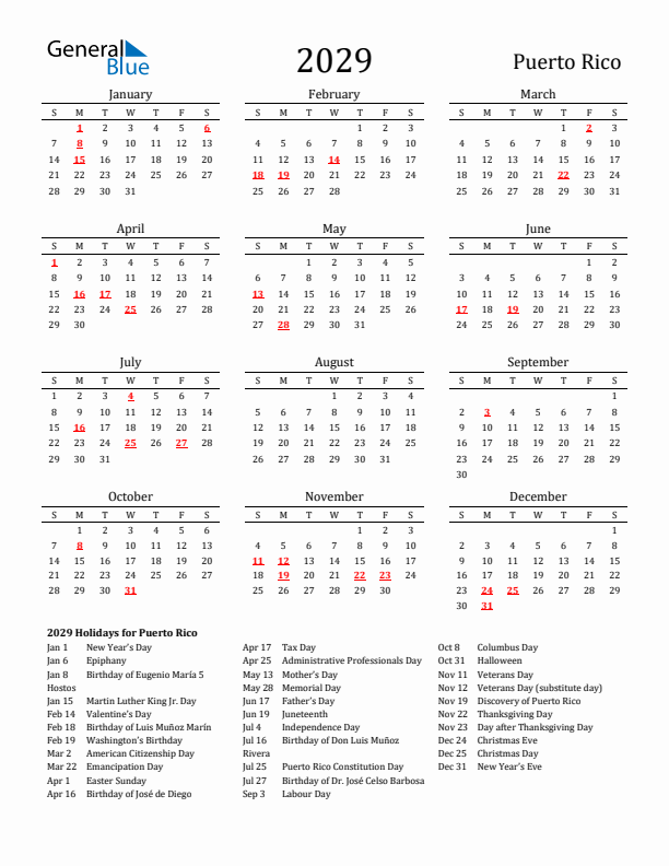 Puerto Rico Holidays Calendar for 2029