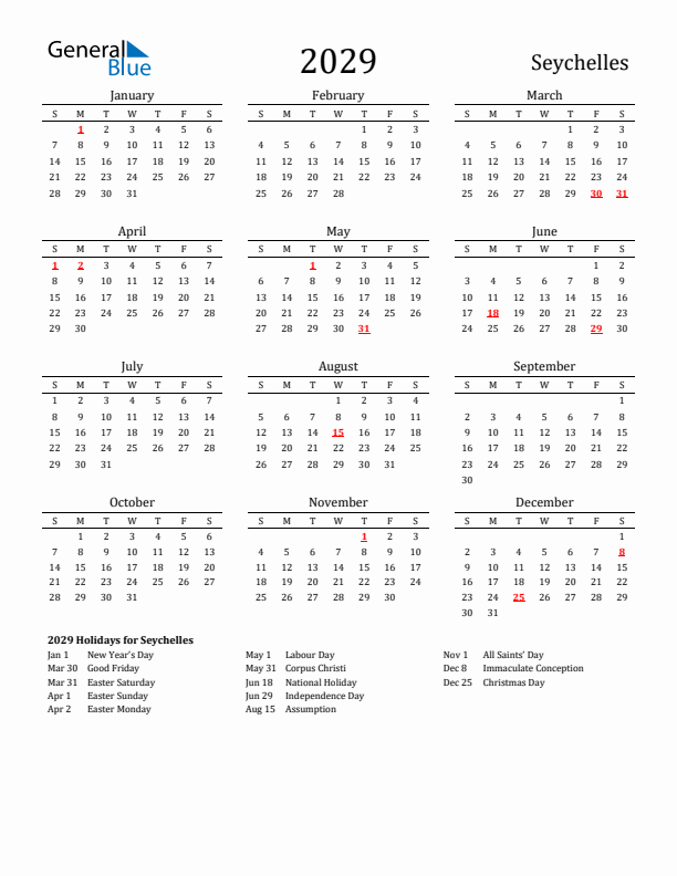 Seychelles Holidays Calendar for 2029