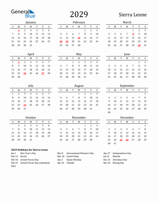 Sierra Leone Holidays Calendar for 2029