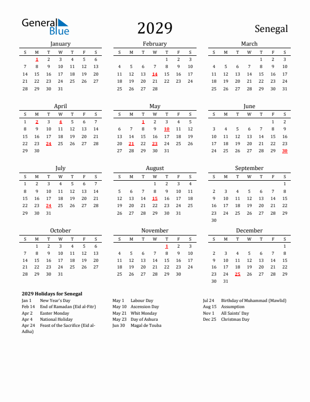 Senegal Holidays Calendar for 2029