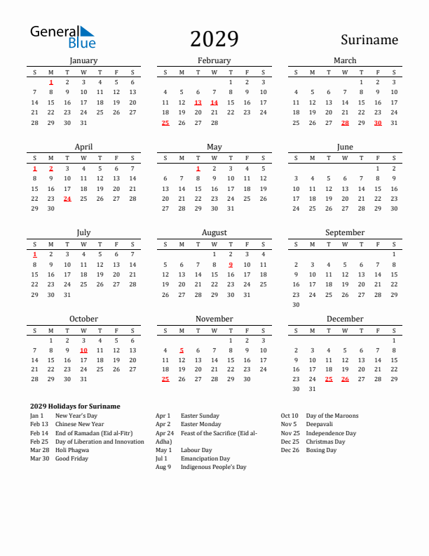 Suriname Holidays Calendar for 2029