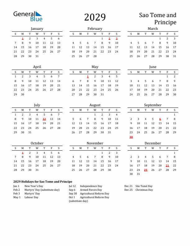 Sao Tome and Principe Holidays Calendar for 2029