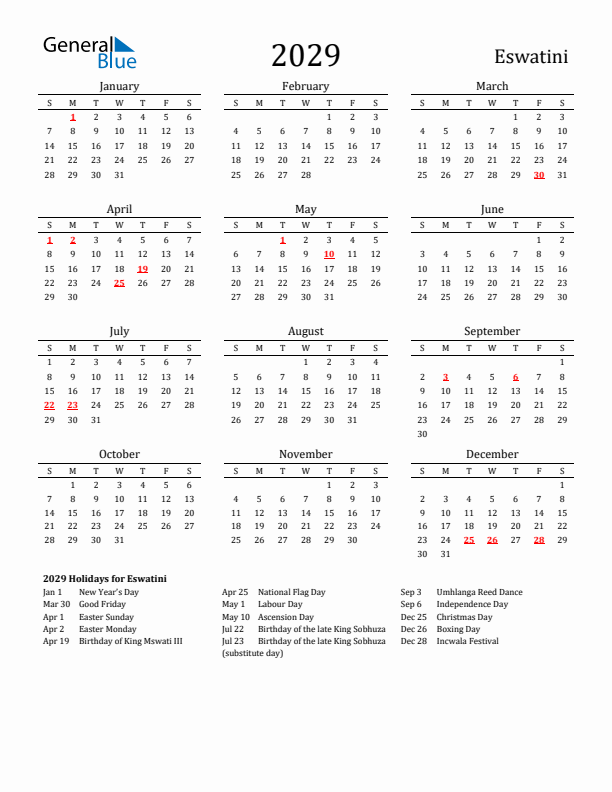 Eswatini Holidays Calendar for 2029