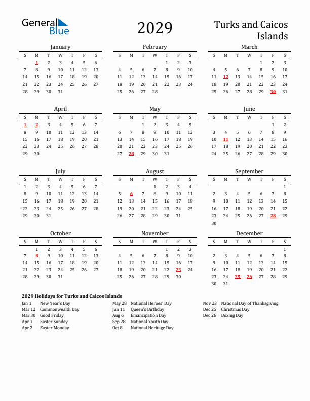 Turks and Caicos Islands Holidays Calendar for 2029