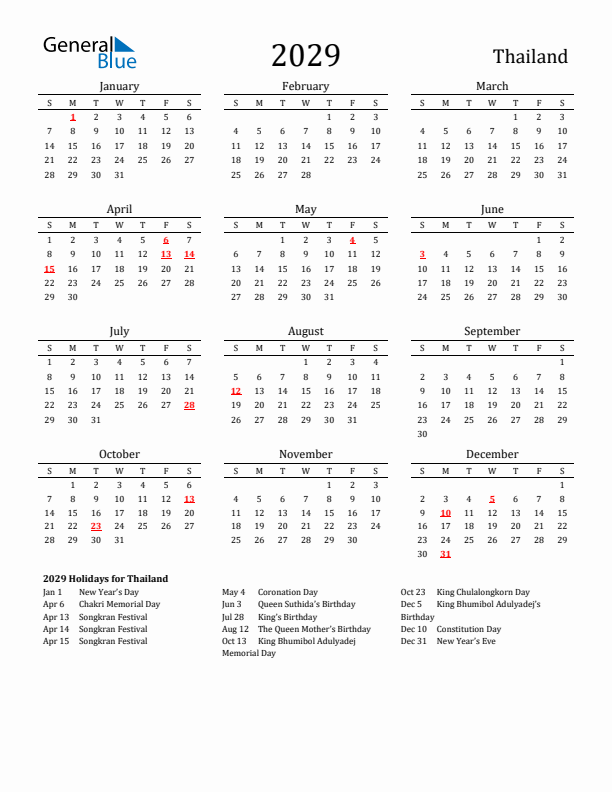 Thailand Holidays Calendar for 2029