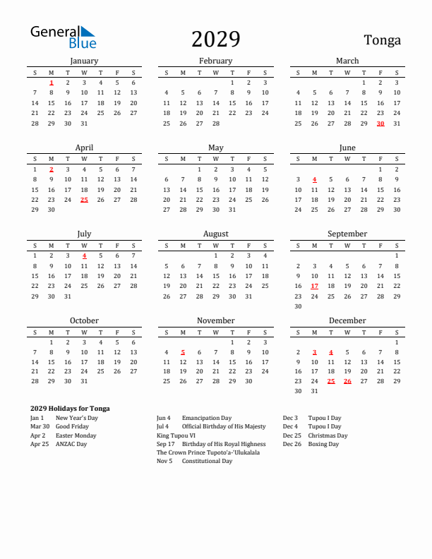 Tonga Holidays Calendar for 2029