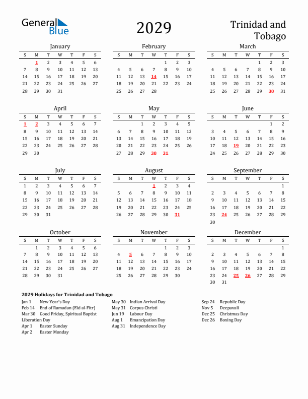 Trinidad and Tobago Holidays Calendar for 2029