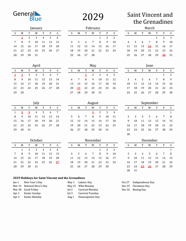 Saint Vincent and the Grenadines Holidays Calendar for 2029