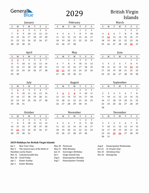 British Virgin Islands Holidays Calendar for 2029