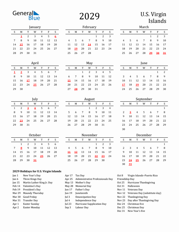 U.S. Virgin Islands Holidays Calendar for 2029