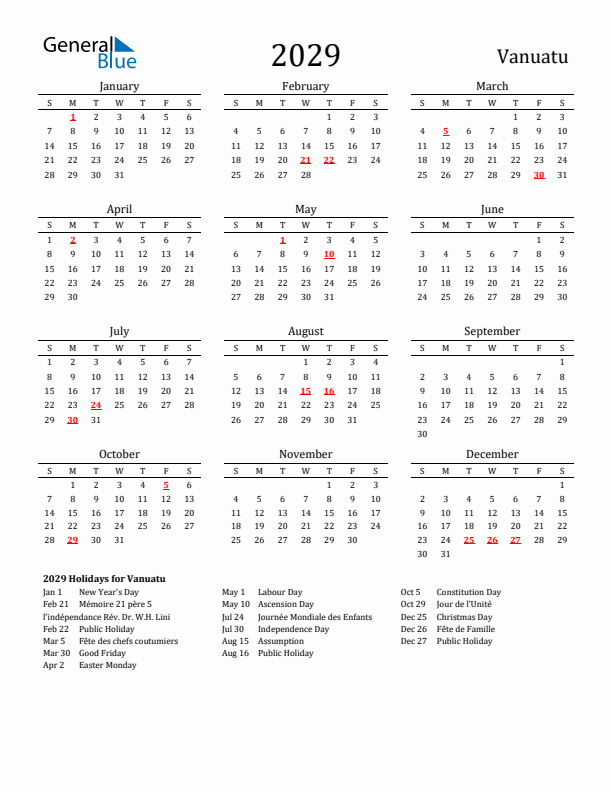 Vanuatu Holidays Calendar for 2029