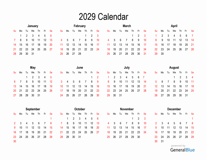 Free Calendar for 2029