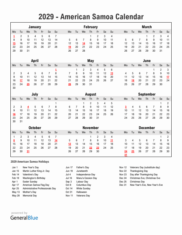 Year 2029 Simple Calendar With Holidays in American Samoa