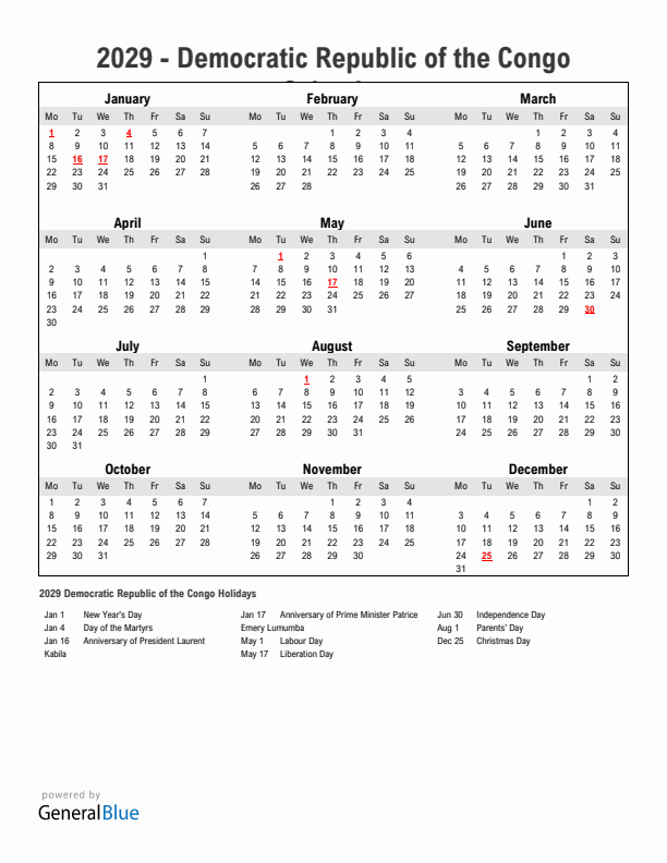 Year 2029 Simple Calendar With Holidays in Democratic Republic of the Congo