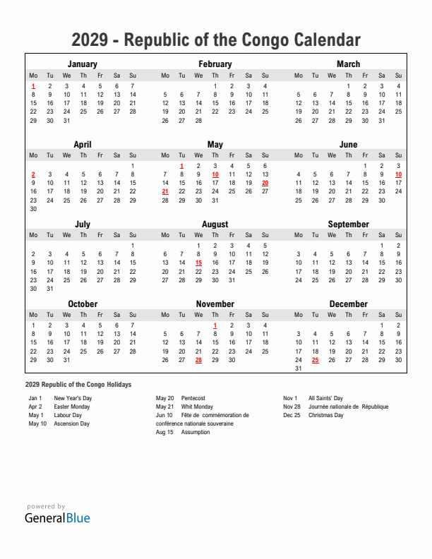 Year 2029 Simple Calendar With Holidays in Republic of the Congo
