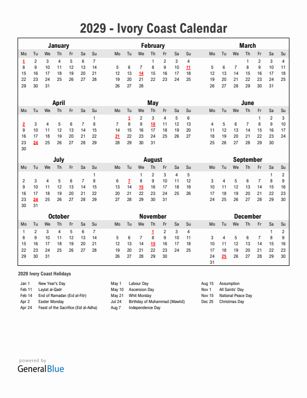 Year 2029 Simple Calendar With Holidays in Ivory Coast
