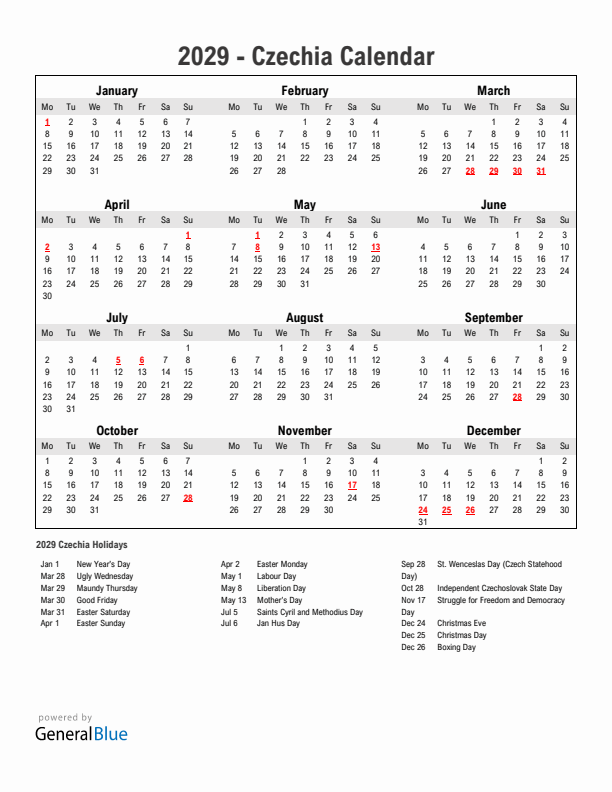 Year 2029 Simple Calendar With Holidays in Czechia