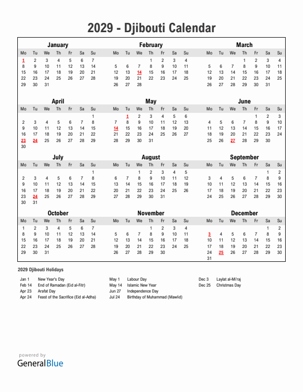 Year 2029 Simple Calendar With Holidays in Djibouti
