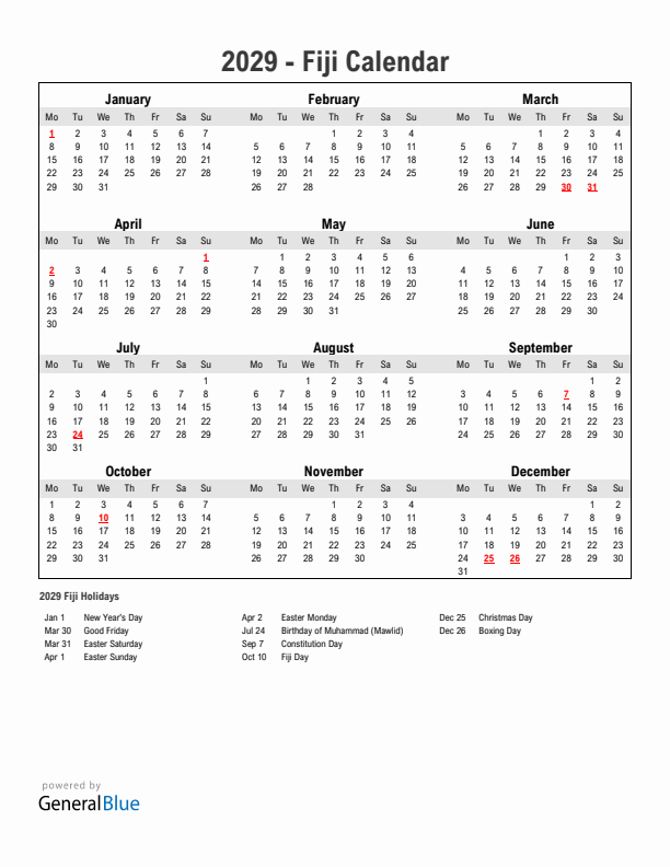Year 2029 Simple Calendar With Holidays in Fiji