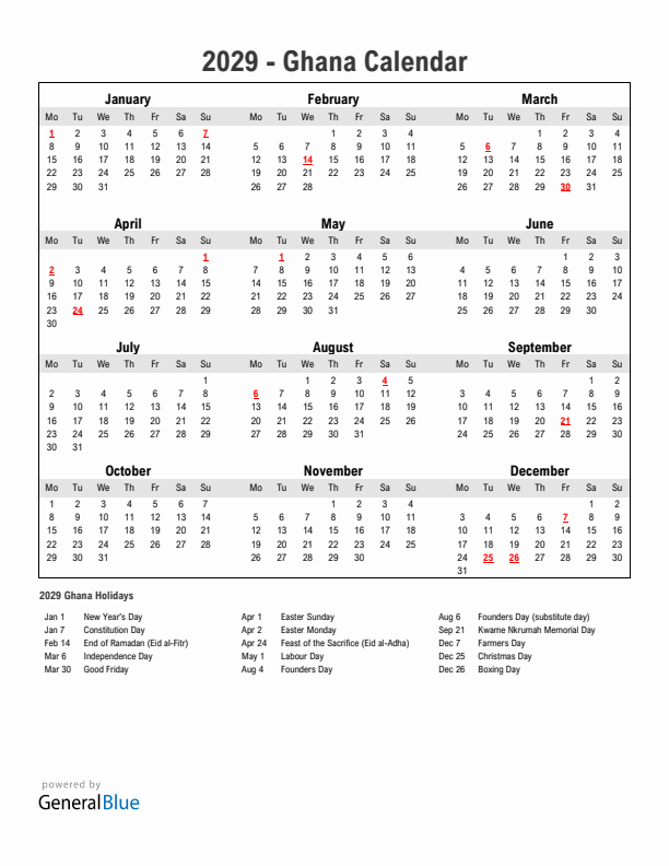 Year 2029 Simple Calendar With Holidays in Ghana