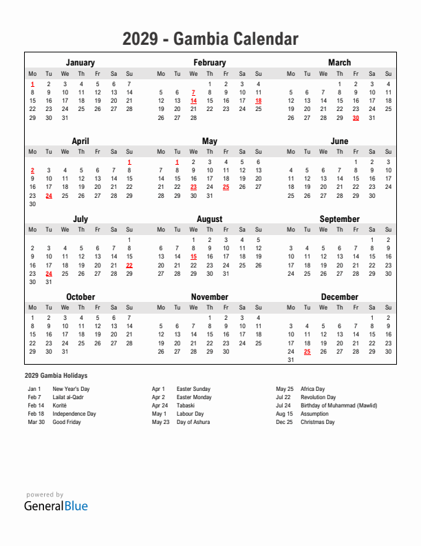 Year 2029 Simple Calendar With Holidays in Gambia