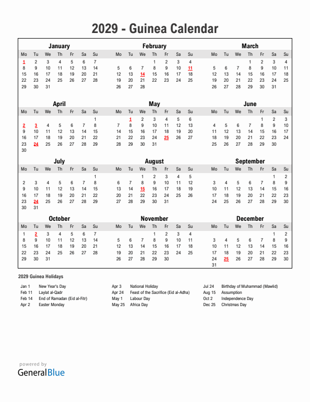 Year 2029 Simple Calendar With Holidays in Guinea