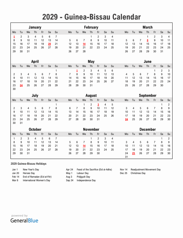 Year 2029 Simple Calendar With Holidays in Guinea-Bissau