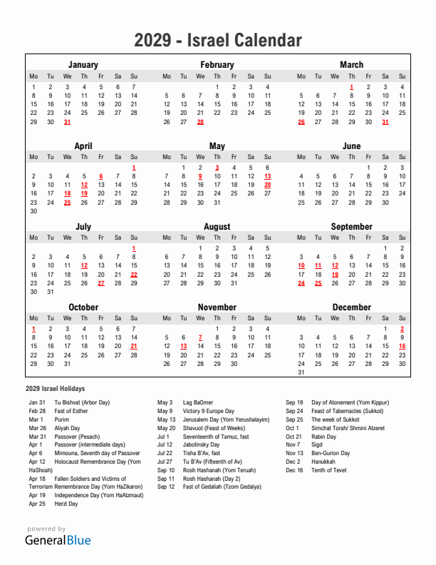 Year 2029 Simple Calendar With Holidays in Israel