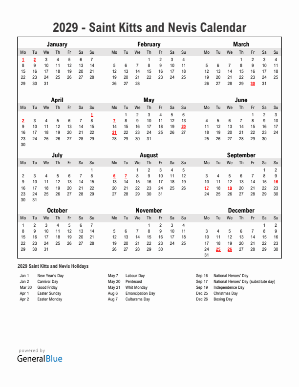 Year 2029 Simple Calendar With Holidays in Saint Kitts and Nevis