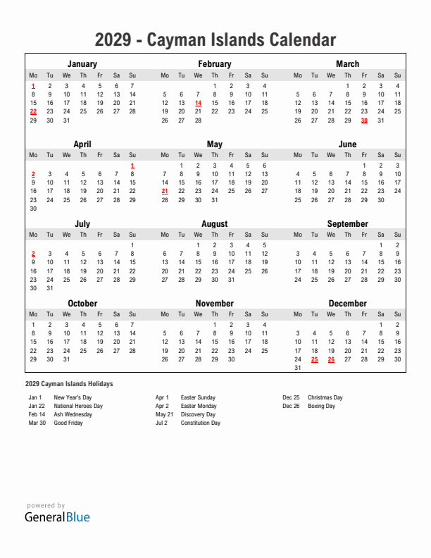 Year 2029 Simple Calendar With Holidays in Cayman Islands