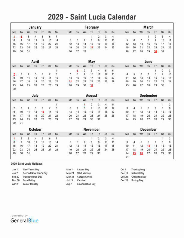 Year 2029 Simple Calendar With Holidays in Saint Lucia