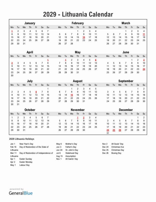 Year 2029 Simple Calendar With Holidays in Lithuania